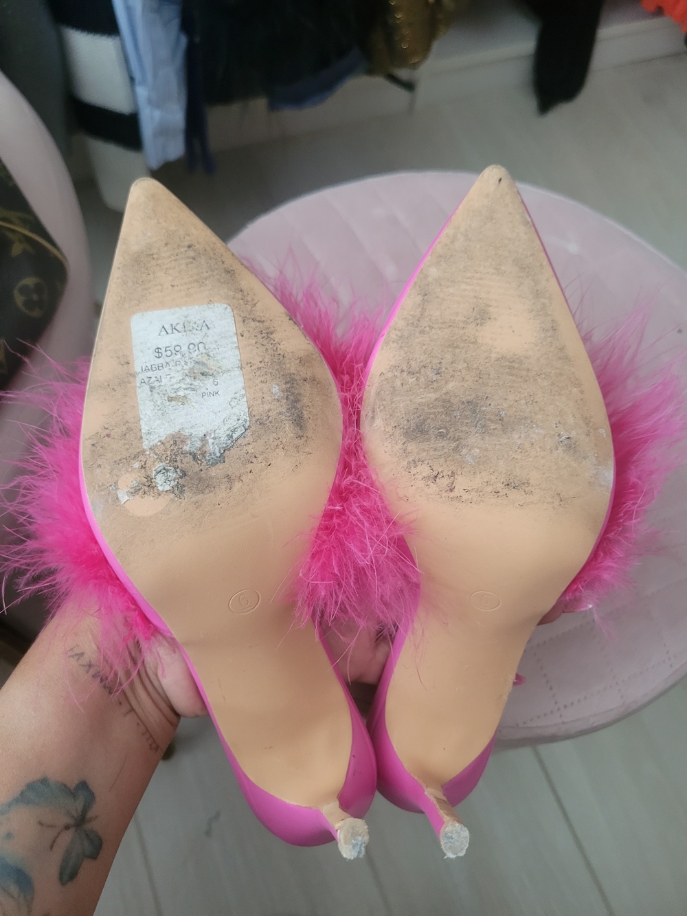 Azalea Wang Hot Pink Feathered Pointed Mules - Picture 4 of 4